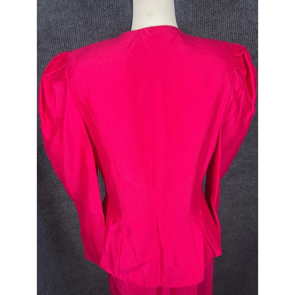 Vintage 80s Hot Pink Maxi Skirt Suit Set S/M Hot Pink Pearl Puff Sleeve USA Glam